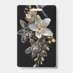 Black Gold Crystal Floral Name Badge