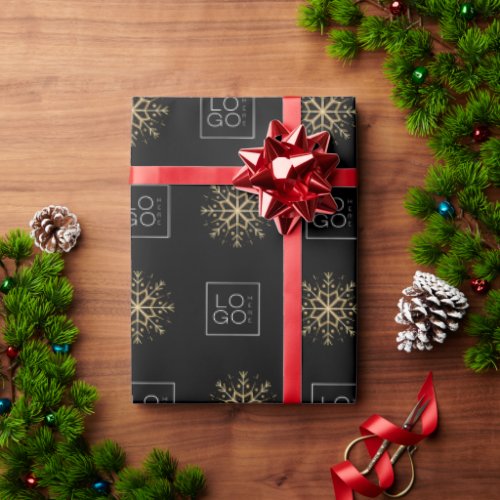 Black  Gold Custom Business Logo Snowflake Gift   Wrapping Paper