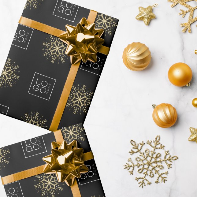 Black & Gold Custom Business Logo Snowflake Gift   Wrapping Paper (Creator Uploaded)