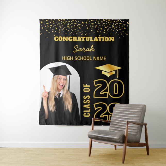 Black & Gold Custom Graduation Backdrop with Photo (In Situ)