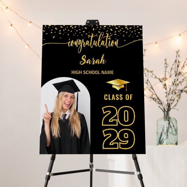 Black & Gold Custom Graduation Photo Class of 2025 Foam Board (In Situ (Stand))