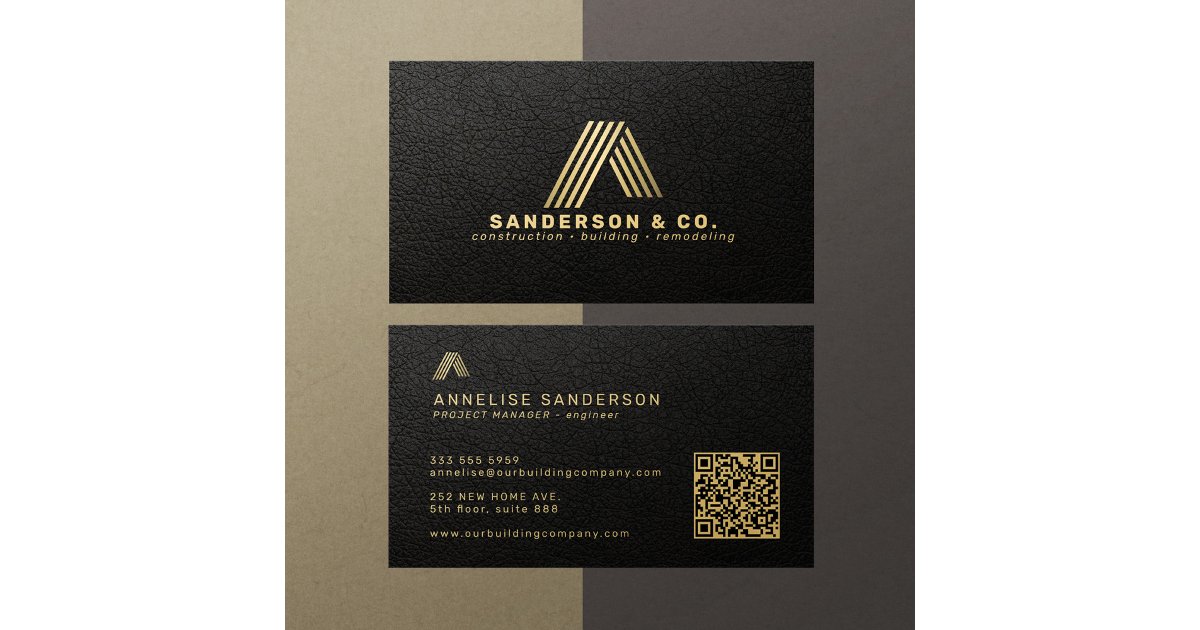 Black gold custom logo QR building construction Business Card | Zazzle