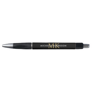Black Gold Custom Monogram Initials Name Elegant Pen