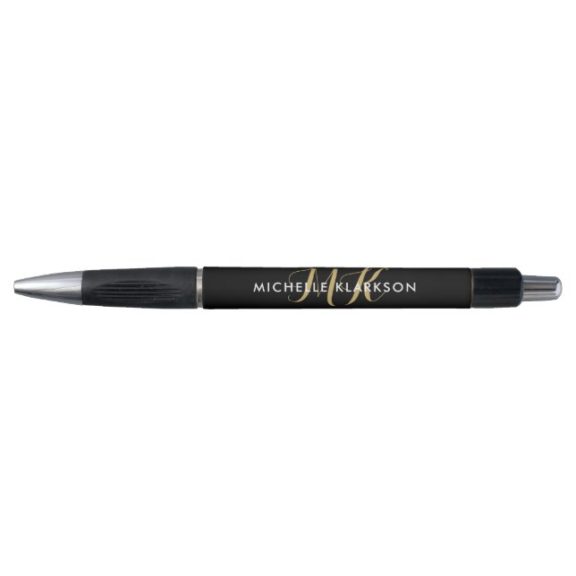 Black Gold Custom Monogram Initials Name Script Pen (Front)