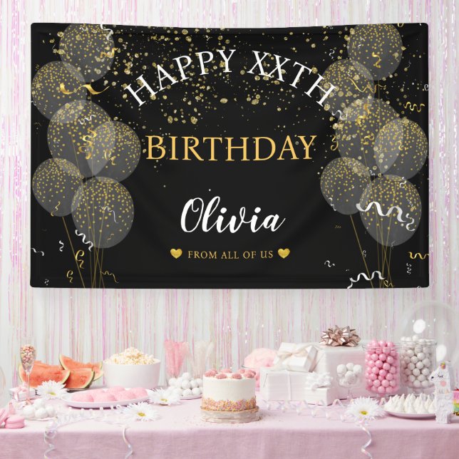 Black & Gold Custom Party Personalized Birthday  Banner (Party)