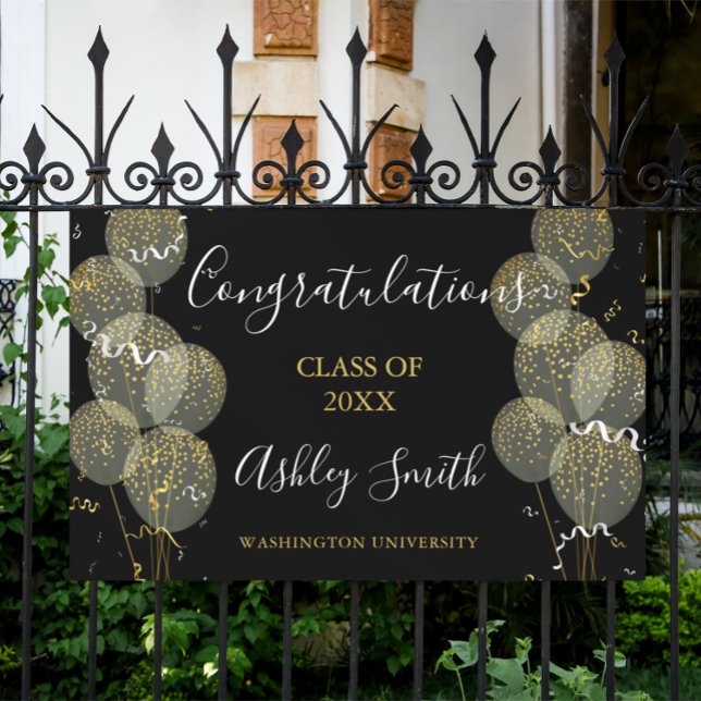 Black & Gold Custom Party Personalized Graduation Banner (Creator Uploaded)