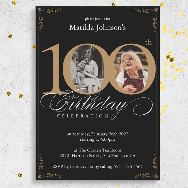 Black Gold Custom Photo 100th Birthday Party  Invitation (Black Gold Custom Photo 100th Birthday Party Invitation)