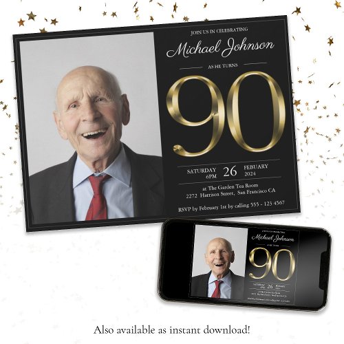 Black Gold Custom Photo 90th Birthday Party Invitation