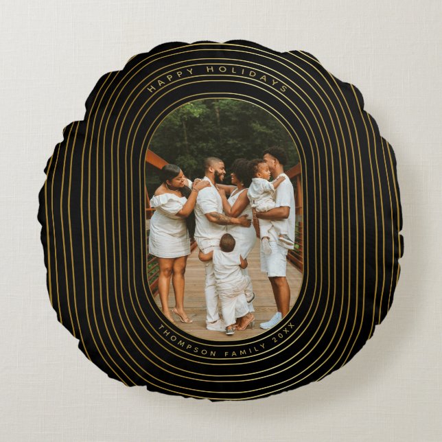 Black Gold Custom Photo Family Christmas Round Pillow (Front)
