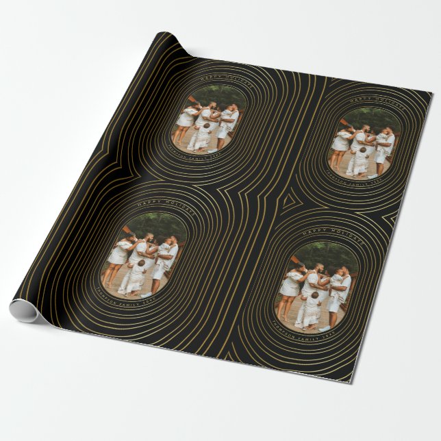 Black Gold Custom Photo Family Christmas Wrapping Paper (Unrolled)