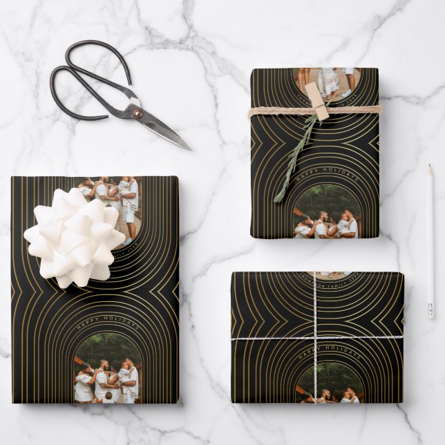 Black Gold Custom Photo Family Christmas Wrapping Paper Sheets (Front)