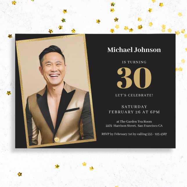 Black Gold Custom Photo Simple 30th Birthday Party Invitation (Mock Up)