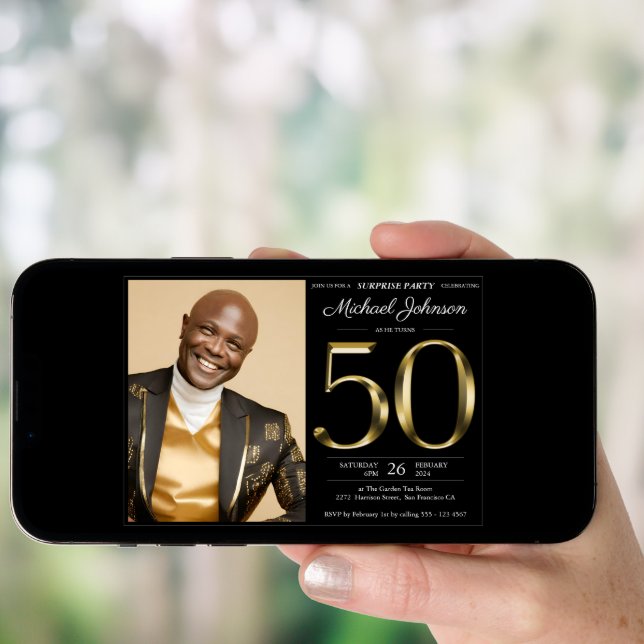 Black Gold Custom Photo Surprise 50th Birthday Invitation (Front Digital)
