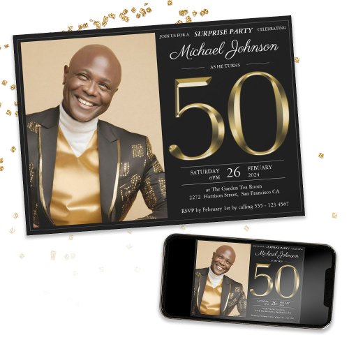 Black Gold Custom Photo Surprise 50th Birthday Invitation