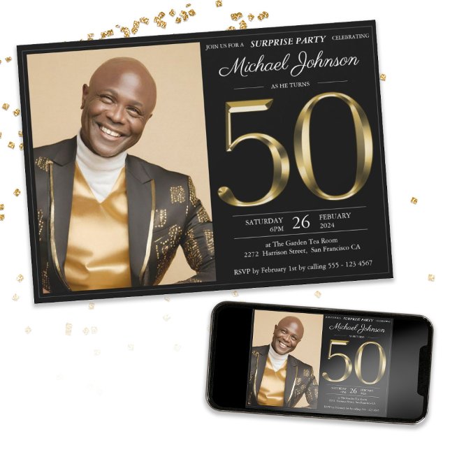 Black Gold Custom Photo Surprise 50th Birthday Invitation (Surprise 50th Black Gold Custom Photo Birthday Invitation)
