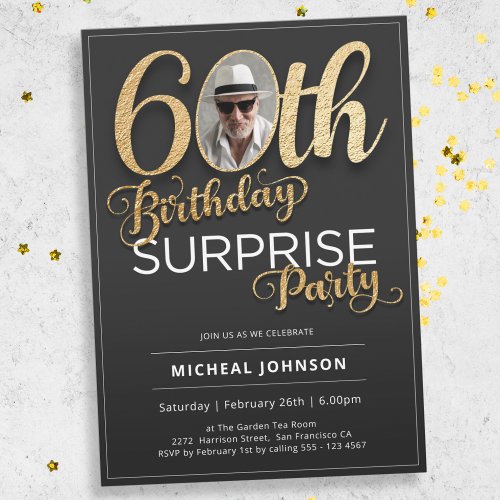 Black Gold Custom Photo Surprise 60th Birthday Invitation