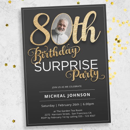 Black Gold Custom Photo Surprise 80th Birthday Invitation