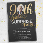 Black Gold Custom Photo Surprise 90th Birthday Invitation<br><div class="desc">Black Gold Custom Photo Surprise 90th Birthday Invitation. This invitation features a sleek design with clear, easy-to-read text, ensuring that all the important details are conveyed effortlessly. The addition of faux foil accents in dazzling gold against a backdrop of black creates a striking visual effect, adding a touch of luxury...</div>