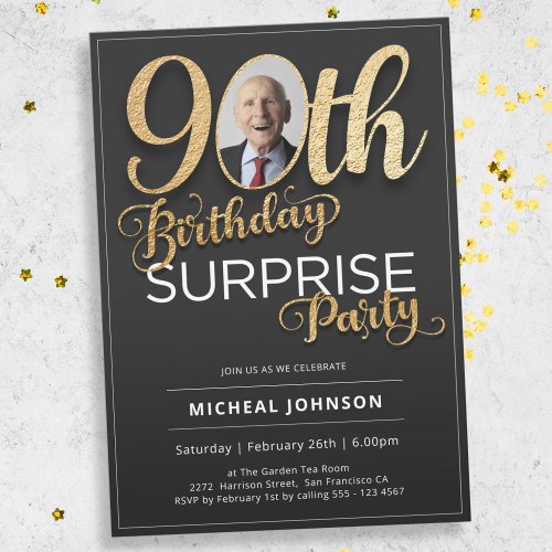 Black Gold Custom Photo Surprise 90th Birthday Invitation