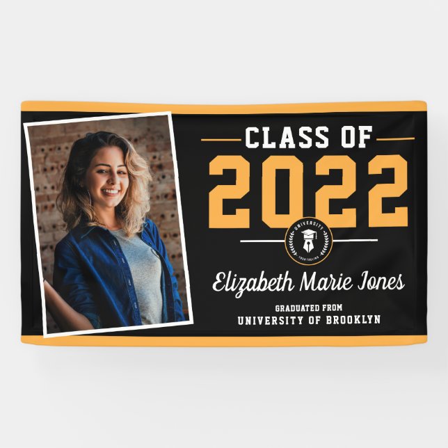 Black Gold Custom School Logo Photo Graduation Banner (Horizontal)