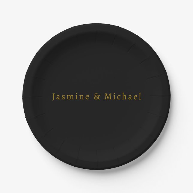 Black & Gold Cute Minimalist Own Name Paper Plates (Front)