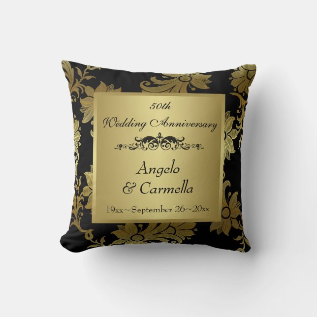 Black, Gold Damask 50th Anniversary PHOTO Pillow (Front)