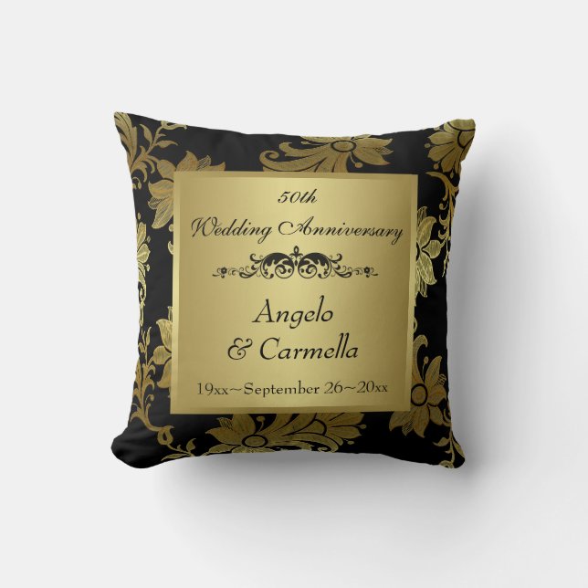Black, Gold Damask 50th Anniversary Pillow (Front)