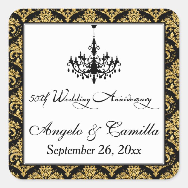 Black, Gold Damask 50th Anniversary Sticker (Front)
