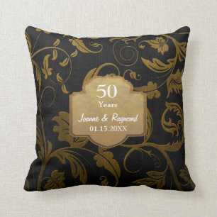 Black & Gold Damask 50th Wedding Anniversary 2c Throw Pillow