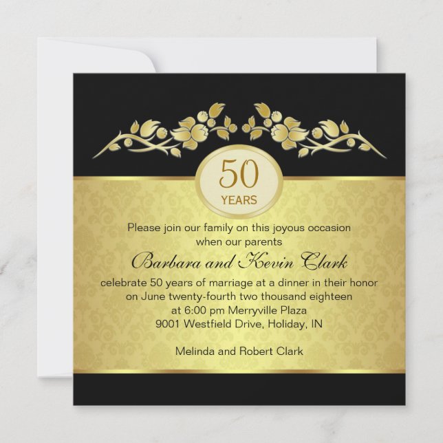 Black & gold, damask 50th Wedding Anniversary Invitation (Front)