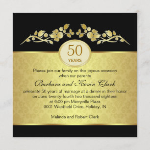 Black & gold, damask 50th Wedding Anniversary Invitation