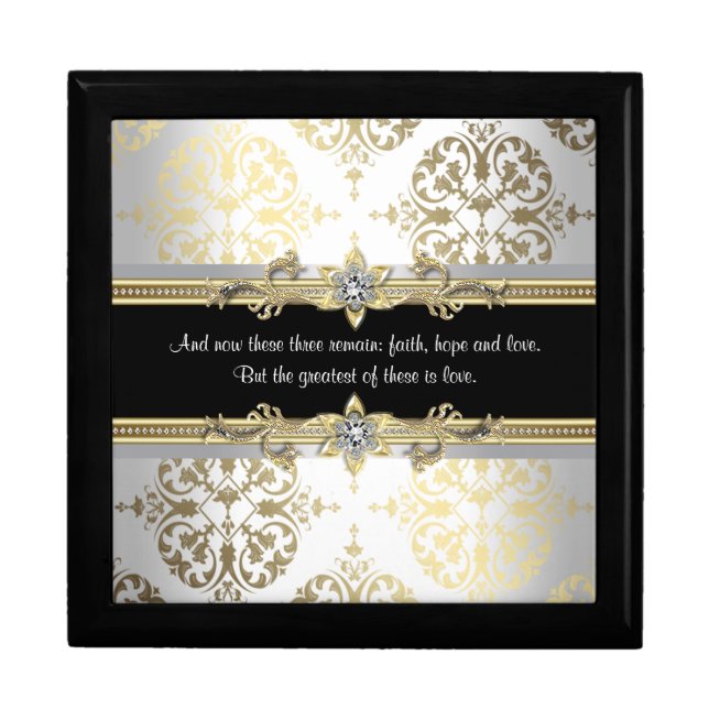 Black Gold Damask Bible Verse Jewelry Box (Front)