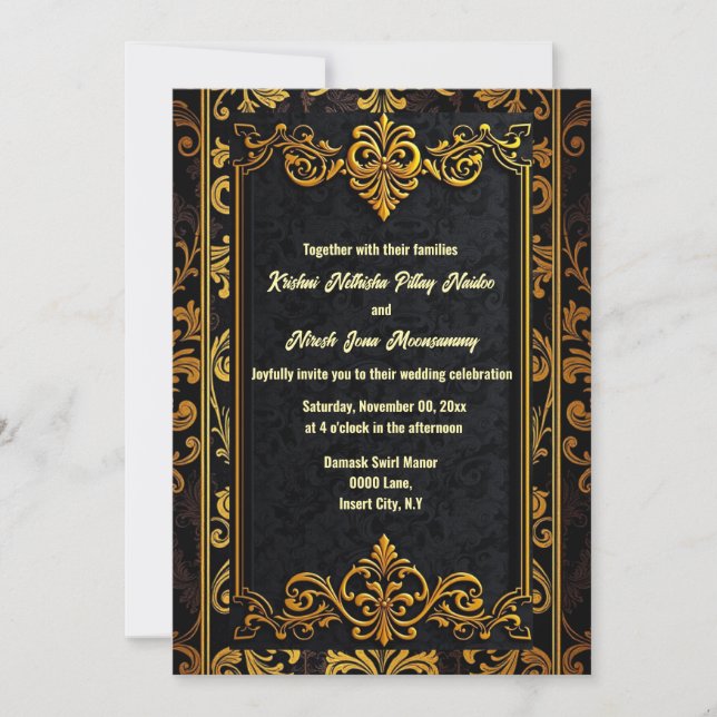 Black gold damask brocade elegant ornate wedding invitation (Front)