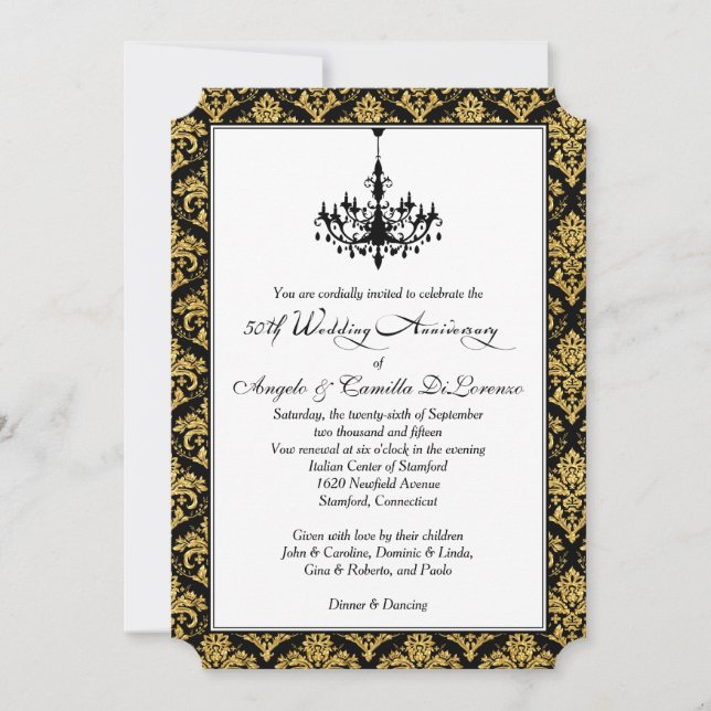 Black, Gold Damask, Chandelier 50th Anniversary Invitation (Front)