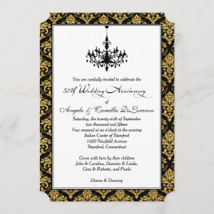 Black, Gold Damask, Chandelier 50th Anniversary Invitation