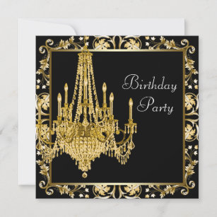 Black Gold Damask Chandelier Birthday Party Invitation