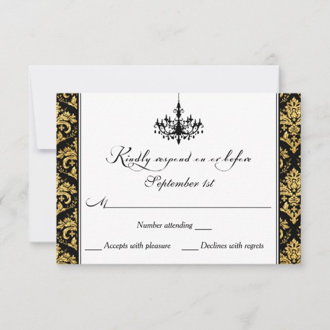 Black, Gold Damask, Chandelier Reply Card (Front)