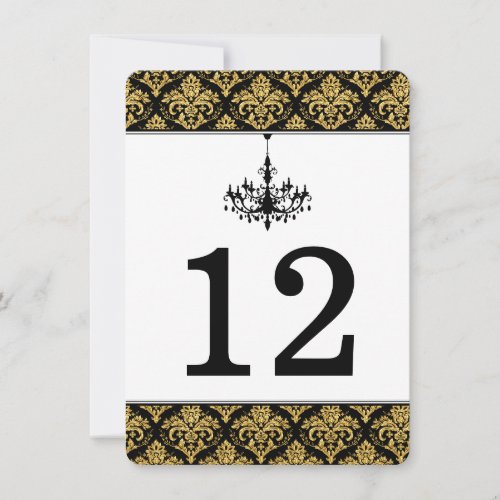 Black Gold Damask Chandelier Table Number Card