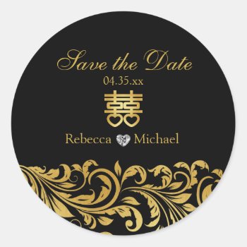 Black & Gold Damask  Chinese Double Happiness Classic Round Sticker by weddingsNthings at Zazzle