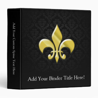 Black/Gold Damask Fleur de Lis 3 Ring Binder