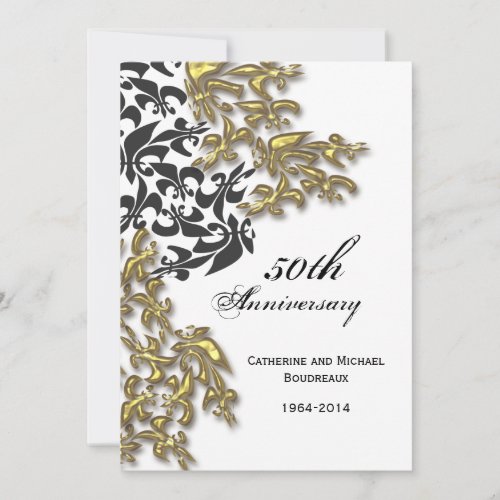 Black Gold Damask Fleur de Lis Anniversary Invitations