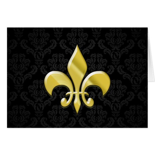 Black/Gold Damask Fleur de Lis Cards (Front Horizontal)