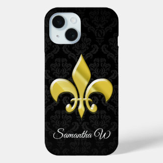 Black/Gold Damask Fleur de Lis iPhone 15 Case