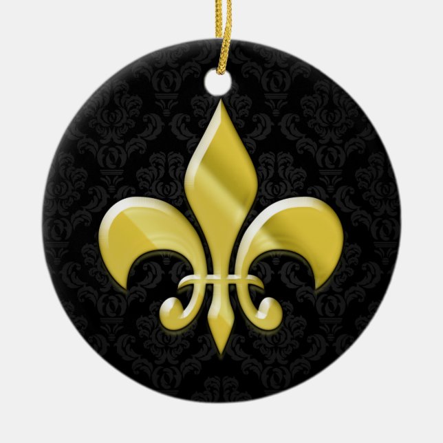 Black/Gold Damask Fleur de Lis Ceramic Ornament (Front)
