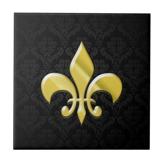 Black/Gold Damask Fleur de Lis Ceramic Tile (Front)