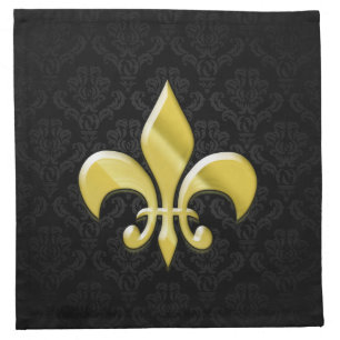 Black/Gold Damask Fleur de Lis Cloth Napkin