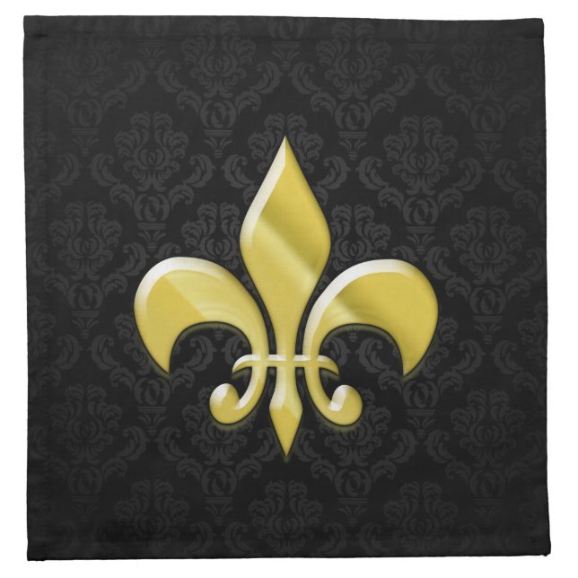 Black/Gold Damask Fleur de Lis Cloth Napkin (Front)