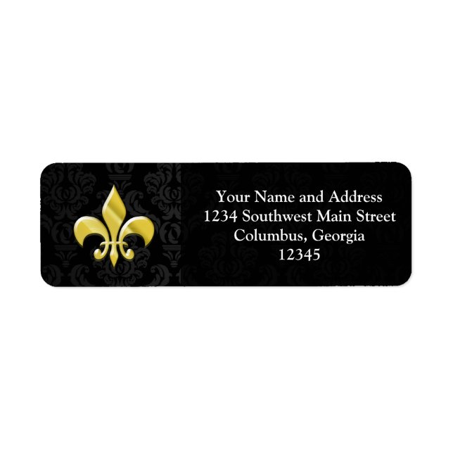 Black/Gold Damask Fleur de Lis Label (Front)