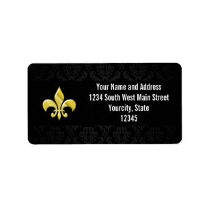 Black/Gold Damask Fleur de Lis Label
