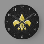Black/Gold Damask Fleur de Lis Round Clock
